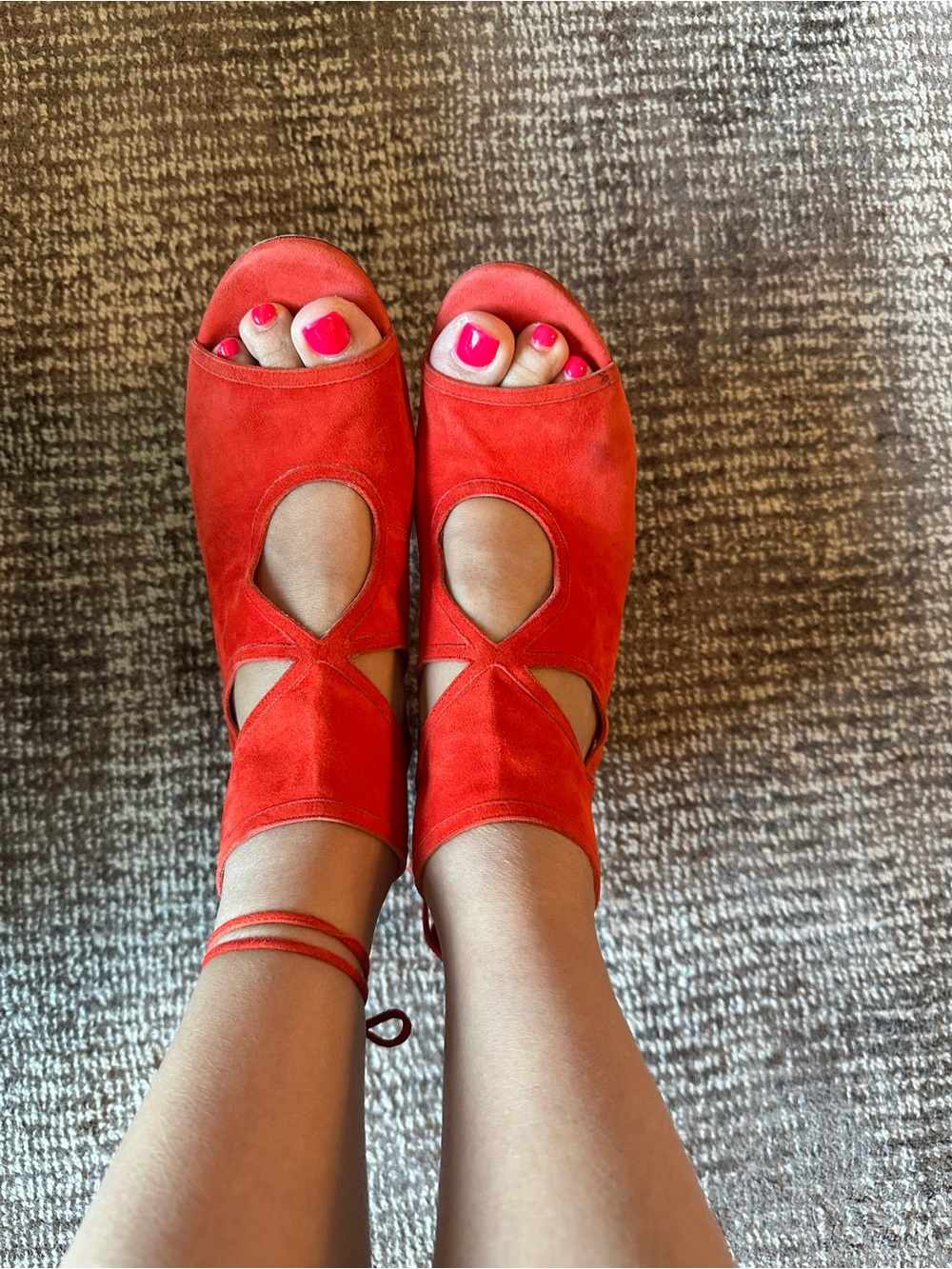 Aquazzura Red Suede Lace-Up Peep Toe Heels - Picture 4 of 8